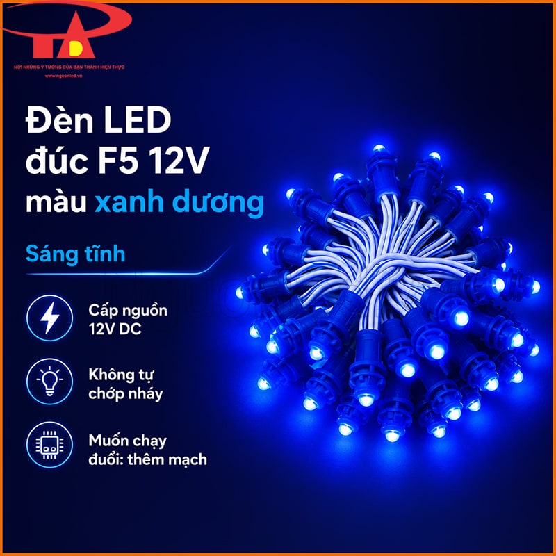 LED đúc F5 12V màu xanh dương sáng tĩnh, không tự chớp nháy