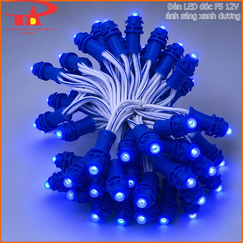 LED đúc F5 xanh dương đang sáng với nhiều bóng liền dây và ánh xanh đều