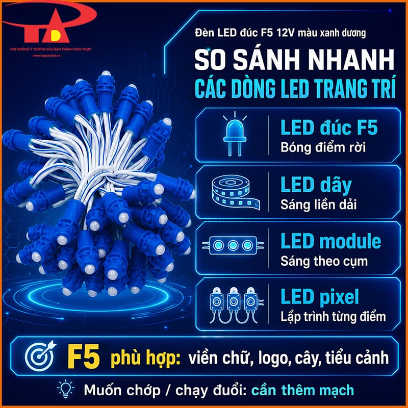 LED đúc F5 12V màu xanh dương so sánh với LED dây, LED module và LED pixel