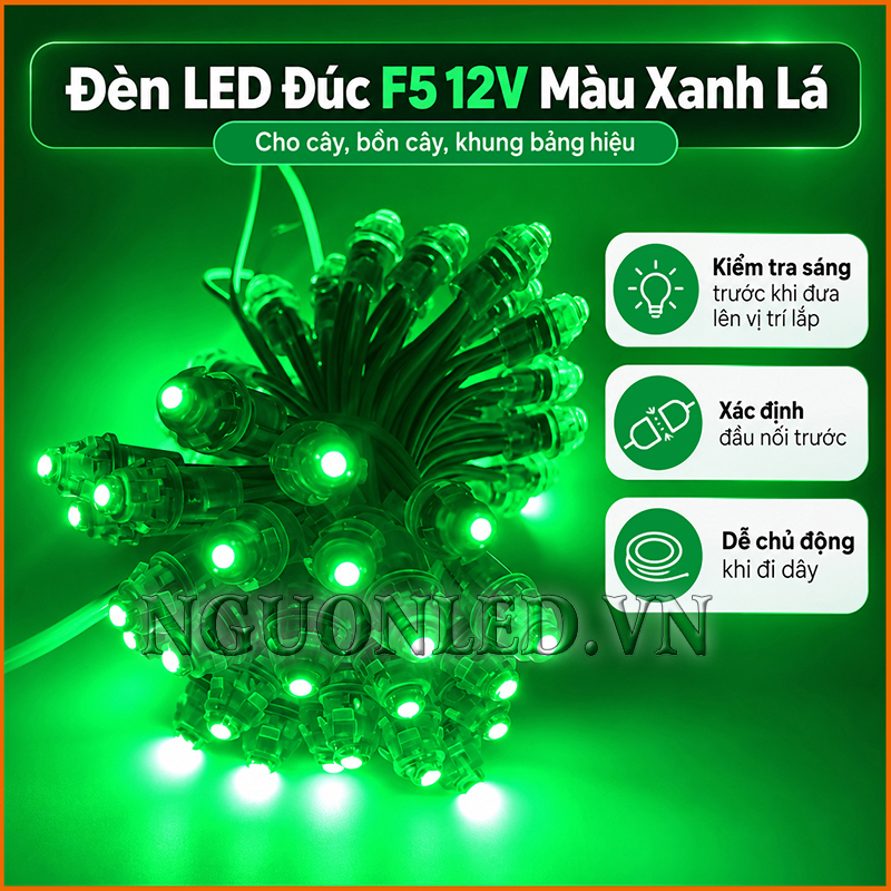 Đèn LED đúc F5 12V xanh lá phát sáng ổn định khi cấp điện