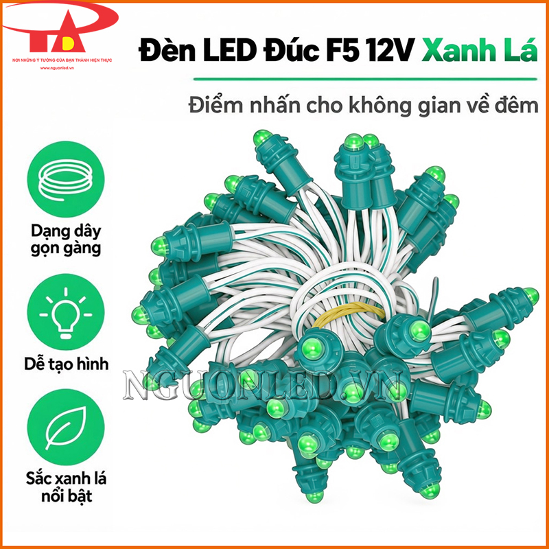 Đèn LED đúc F5 12V màu xanh lá thiết kế gọn, dễ tạo hình