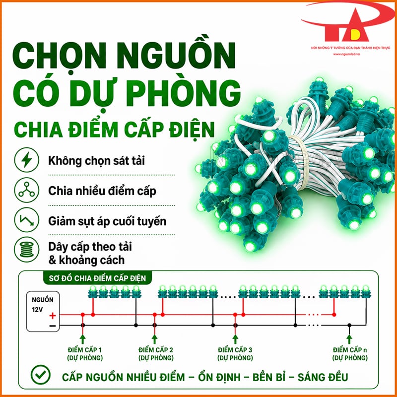 LED đúc F5 12V màu xanh lá minh họa chọn nguồn dự phòng và chia nhiều điểm cấp điện