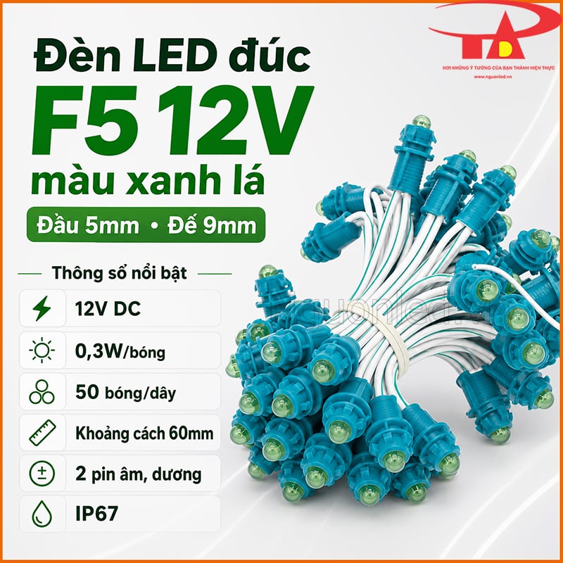Đèn LED đúc F5 12V màu xanh lá kèm thông số kỹ thuật cơ bản
