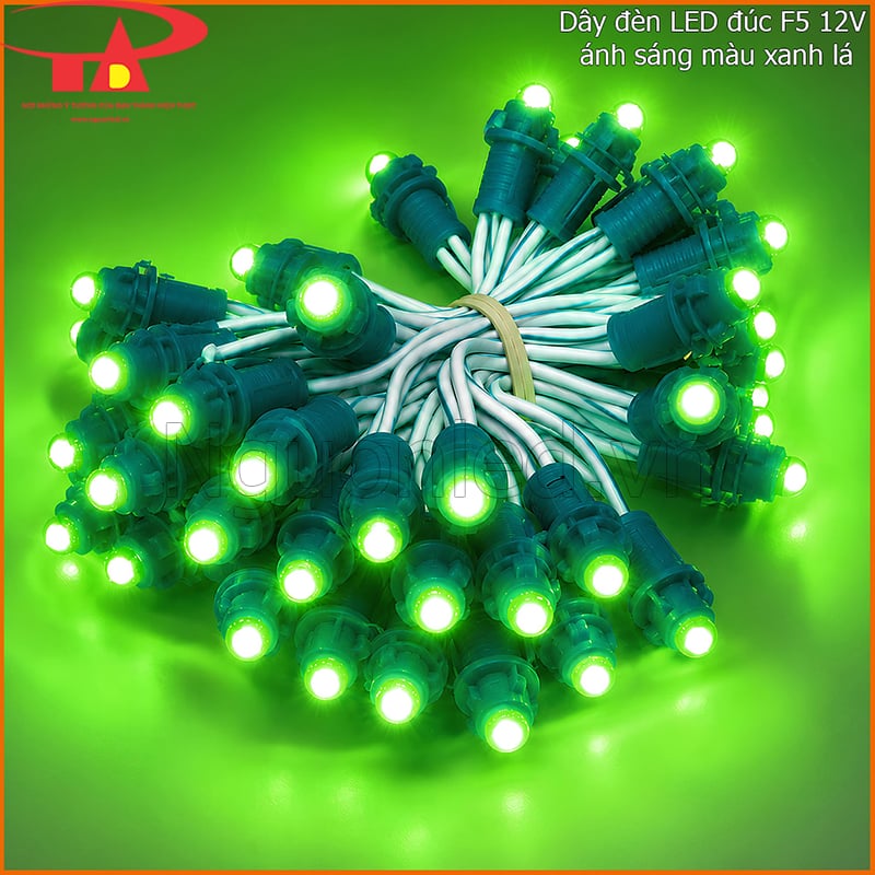 Dây LED đúc 12V màu xanh lá gồm nhiều bóng F5 rời trên cùng một sợi dây