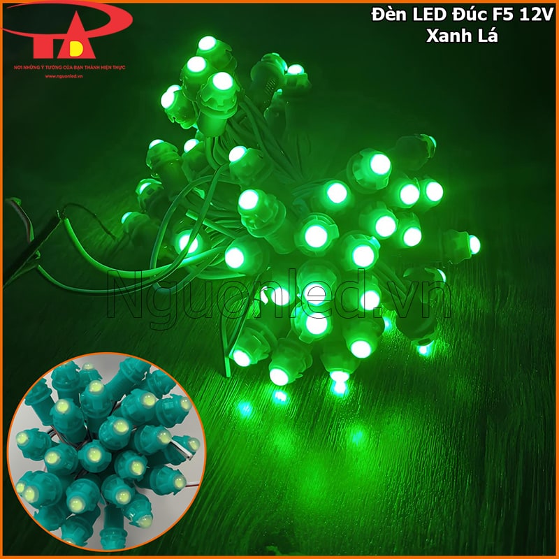 Cận cảnh led đúc f5 12v màu xanh lá chưa sáng và đang sáng