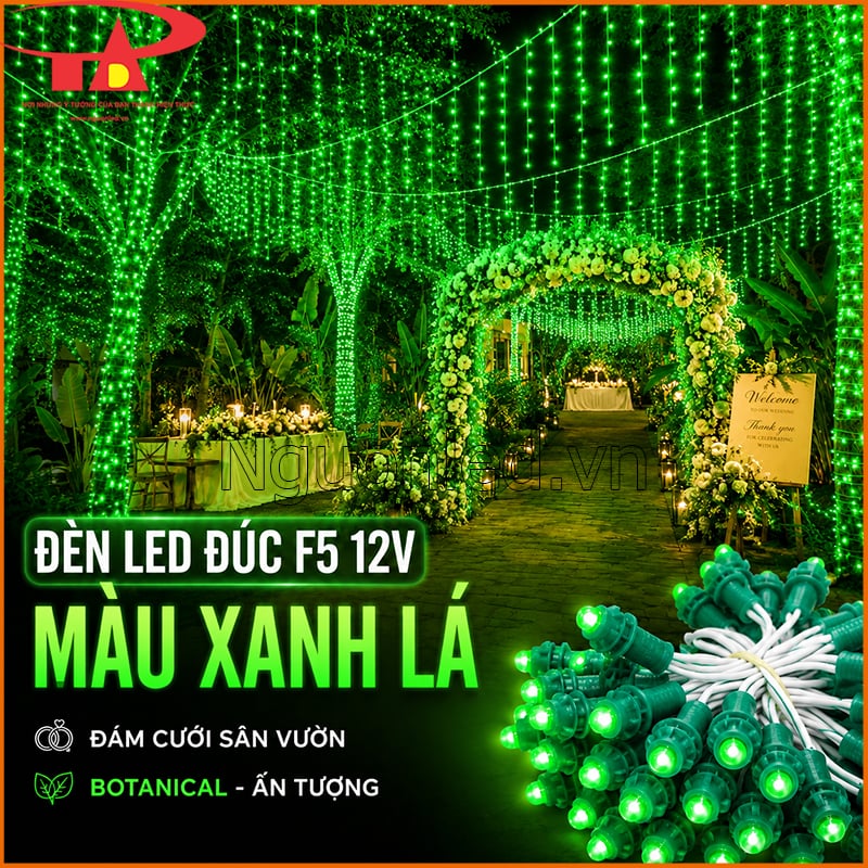 Đèn LED đúc F5 12V màu xanh lá trang trí đám cưới sân vườn phong cách botanical