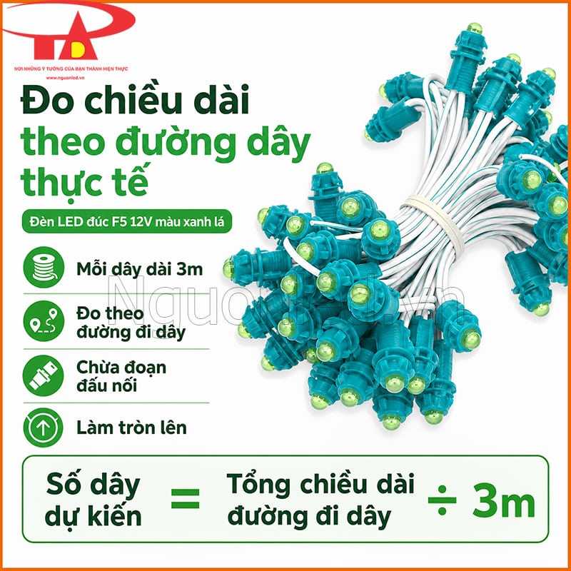 Dây LED đúc 12V màu xanh lá minh họa cách đo chiều dài theo đường đi dây thực tế 