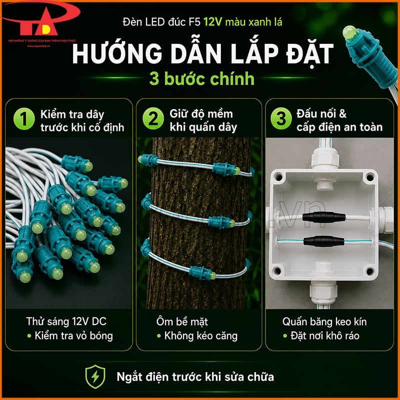 Đèn LED đúc F5 12V màu xanh lá với hướng dẫn kiểm tra dây, quấn mềm và đấu nối an toàn