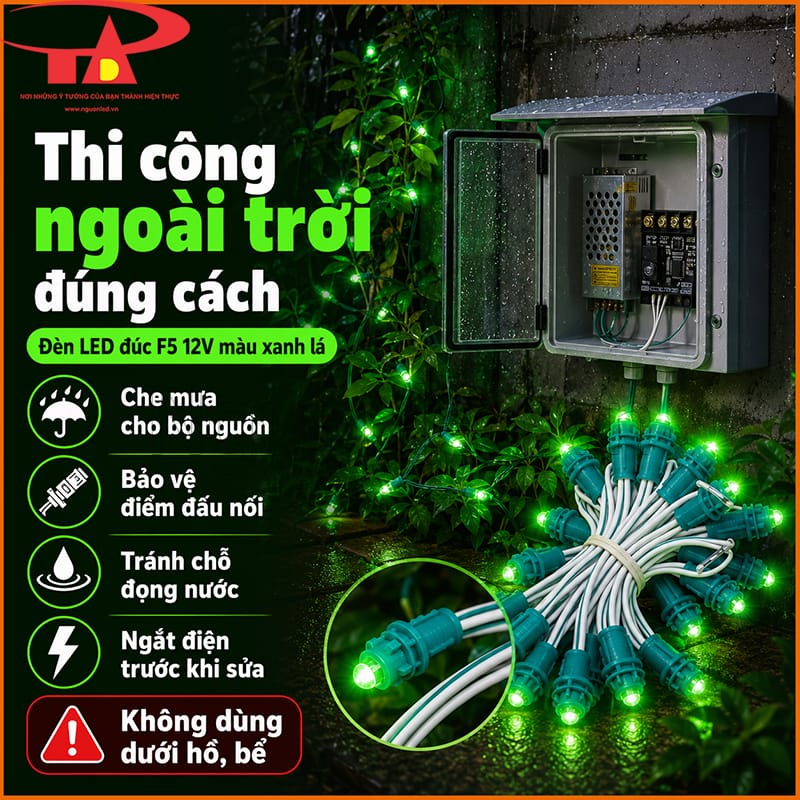 Đèn LED đúc F5 12V màu xanh lá lắp ngoài trời cùng hộp nguồn và mạch điều khiển