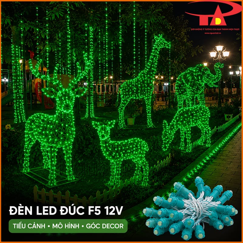 Dây LED đúc 12V màu xanh lá tạo hình hươu, lạc đà và voi trong khu tiểu cảnh