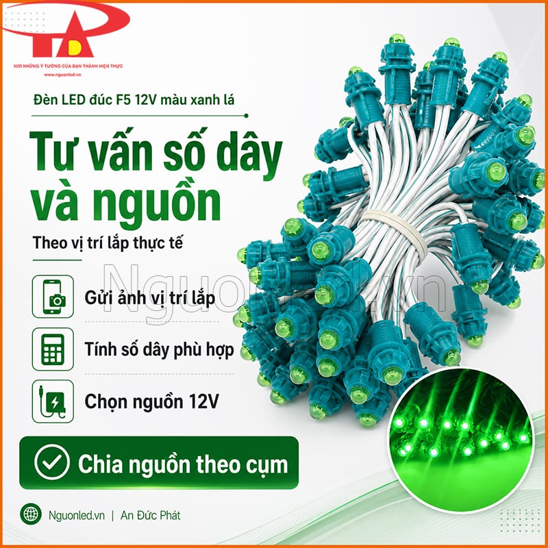Đèn LED đúc F5 12V màu xanh lá trong ảnh tư vấn số dây, nguồn và chia cụm cấp điện
