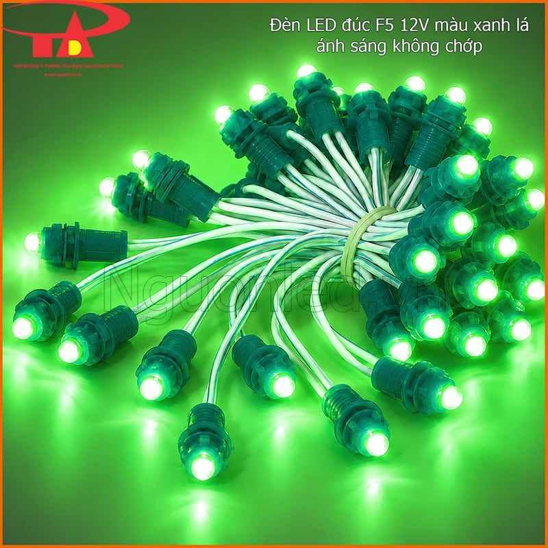 LED đúc F5 xanh lá sáng tĩnh khi cấp đúng nguồn 12V DC và đúng cực dây