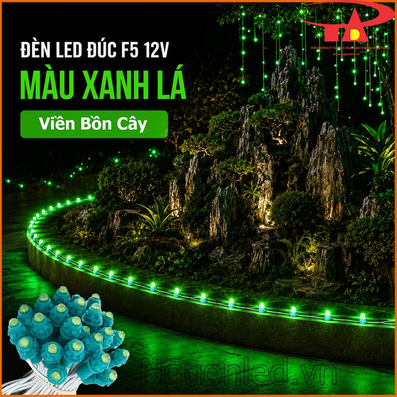 Đèn LED đúc F5 12V màu xanh lá đi viền bồn cây và hòn non bộ trong sân vườn