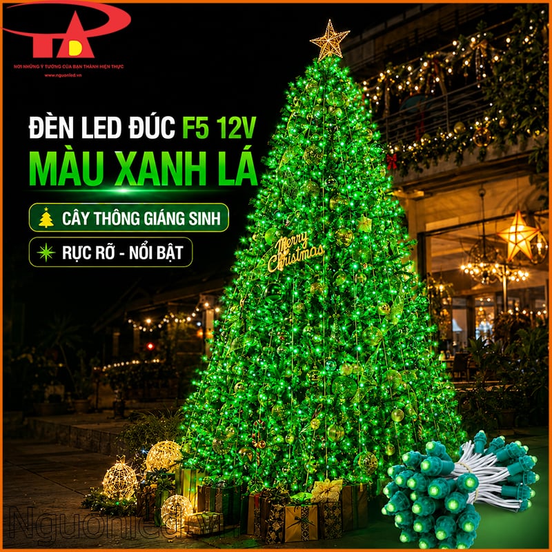 Đèn LED đúc F5 12V màu xanh lá trang trí cây thông Giáng sinh ngoài trời