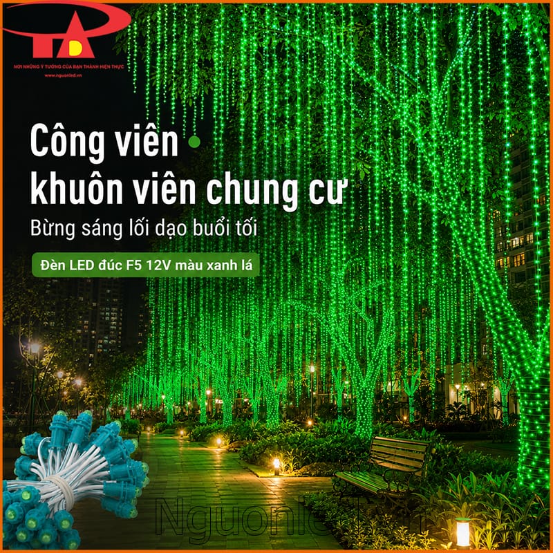 Đèn LED đúc F5 12V màu xanh lá phủ sáng hàng cây và lối dạo trong công viên chung cư