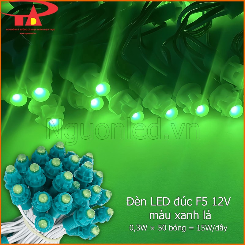 Đèn LED đúc F5 12V màu xanh lá minh họa công suất 15W cho một dây 50 bóng