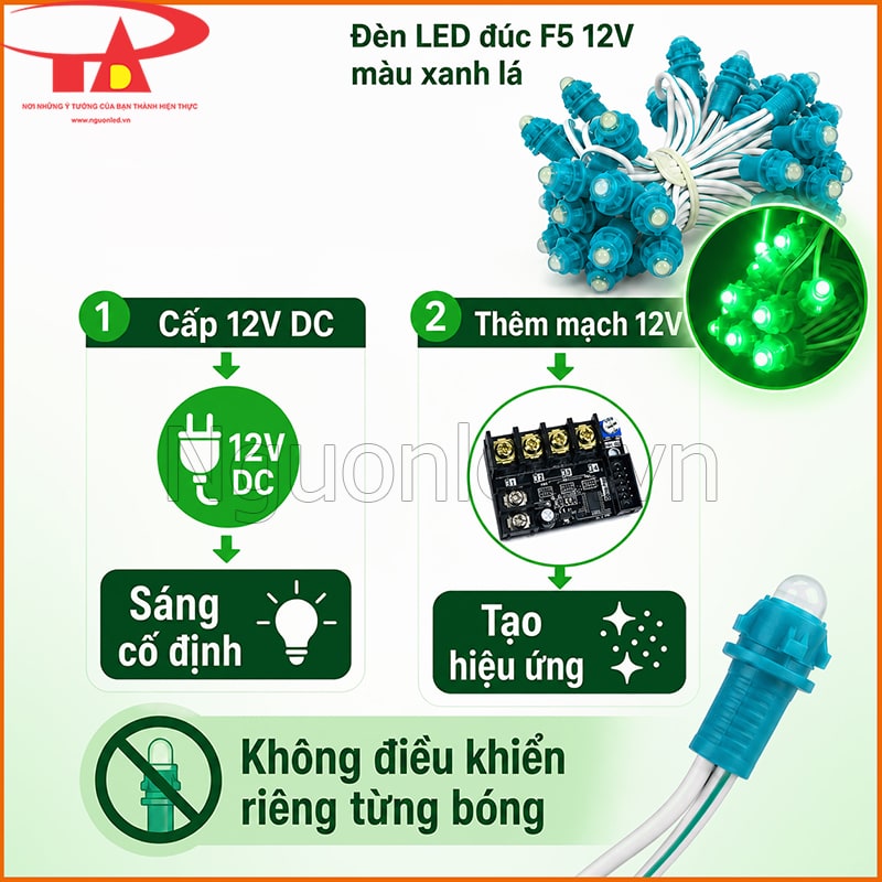 Đèn LED đúc F5 12V màu xanh lá kết hợp mạch điều khiển để tạo hiệu ứng