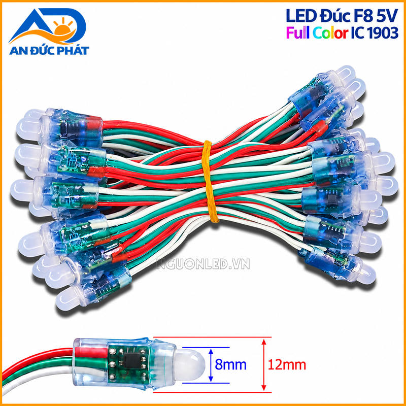 Bóng LED Full 1903 đầu trắng đục 8 mm, đế 12 mm và thân xanh dương trong