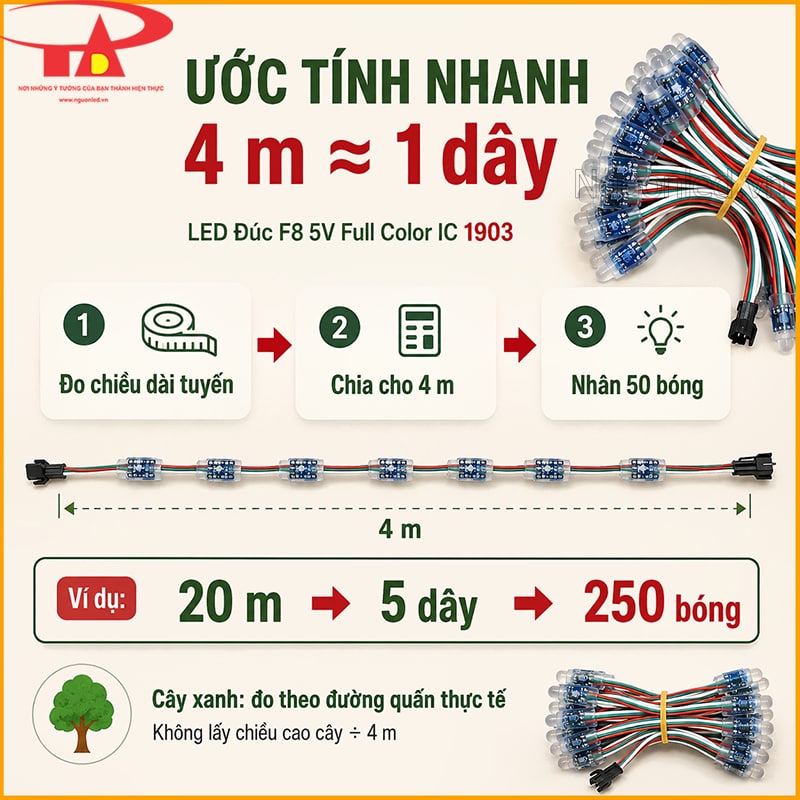 Dây LED đúc F8 5V Full Color IC 1903 minh họa 4m tương đương 1 dây 50 bóng