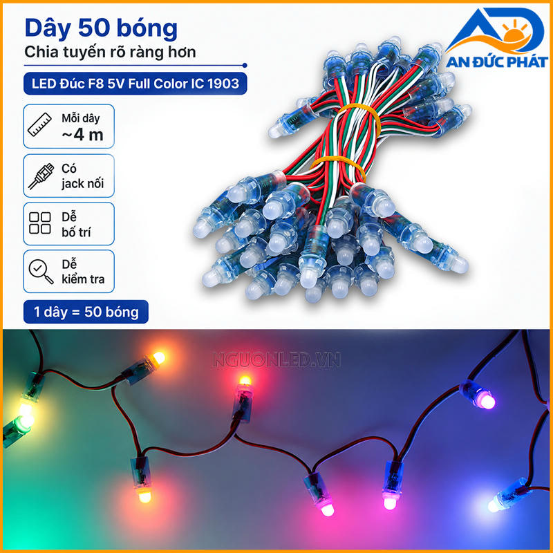 LED dây IC 1903 quy cách 50 bóng, dài khoảng 4 m và có jack nối 3 PIN