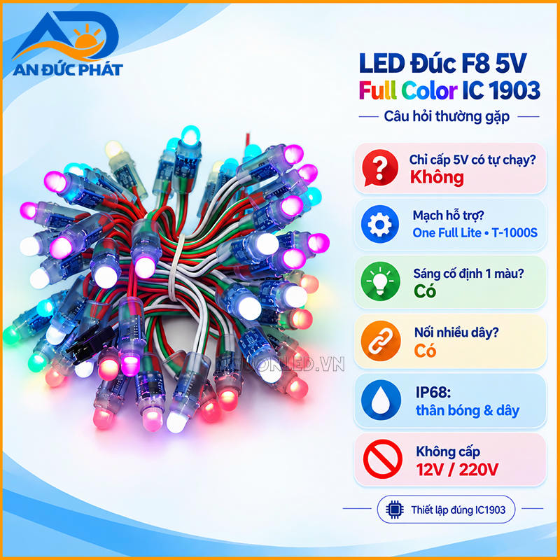 Đèn LED đúc F8 5V phun màu IC1903 với nguồn, DATA và mạch điều khiển tương thích