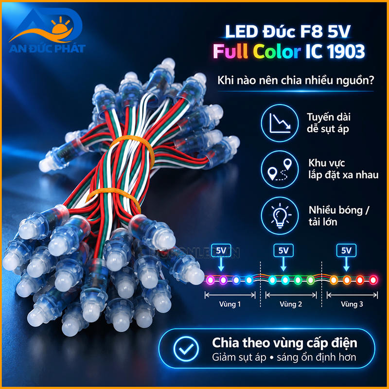 Đèn LED trang trí Full Color 1903 chia nhiều vùng nguồn 5V cho tuyến dài