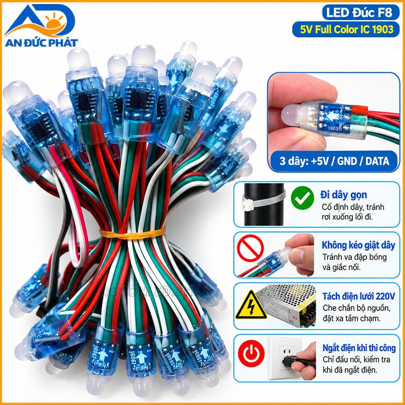 LED dây Full Color 1903 cố định gọn tại khu đông người và tách khỏi điện lưới