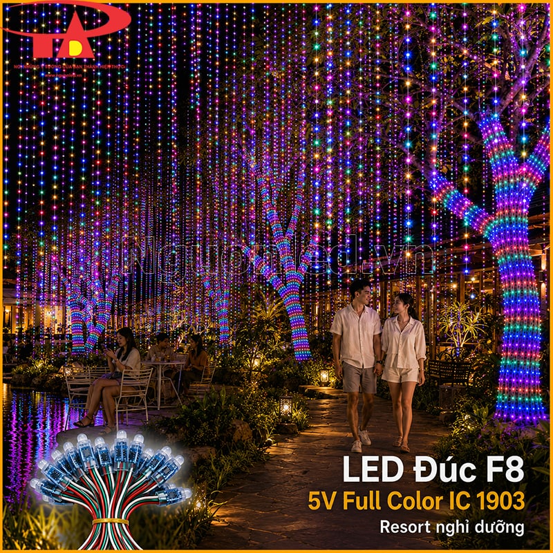 LED Full Color F8 1903 trang trí resort nghỉ dưỡng với hàng cây, lối dạo và mặt nước