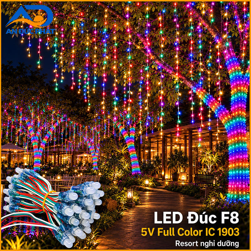 Đèn trang trí ngoài trời F8 Full Color 1903 cho hàng cây và khu nghỉ ven hồ resort