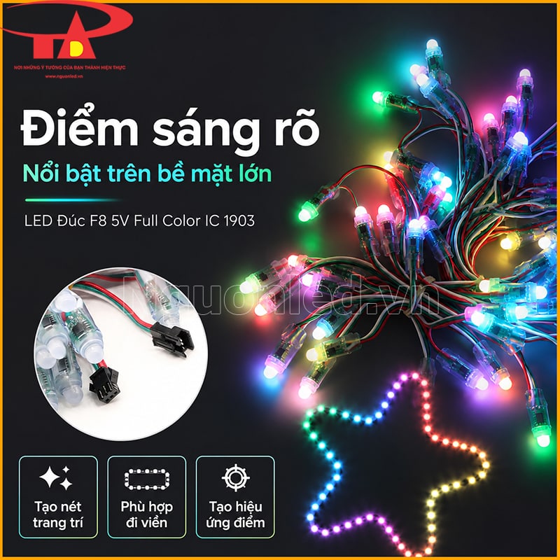 LED đúc F8 5V Full Color IC 1903 tạo điểm sáng rõ cho nét trang trí, viền và hiệu ứng điểm