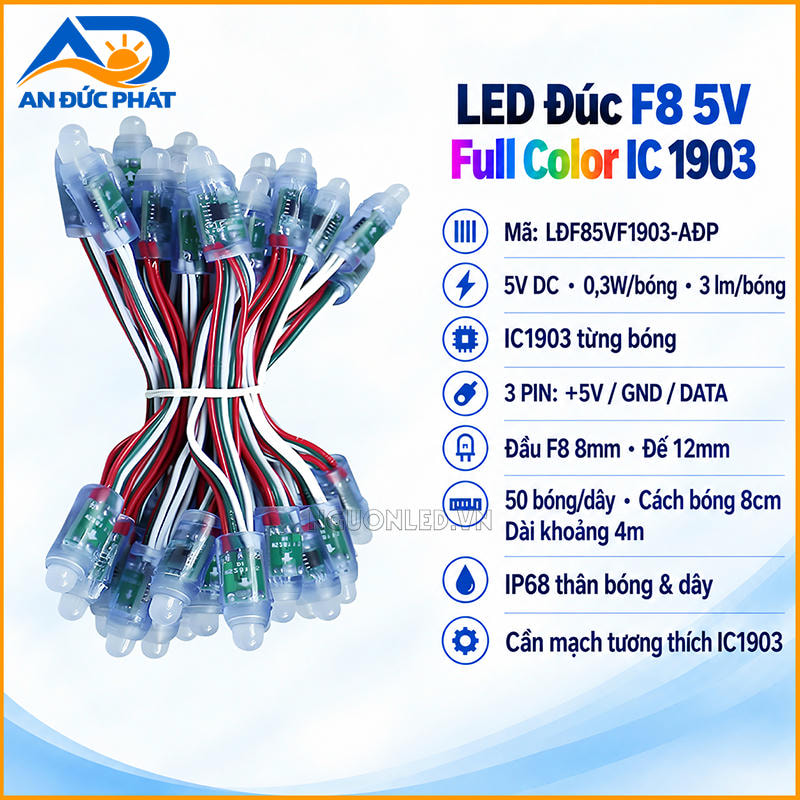 LED đúc F8 5V phun màu IC1903 dây 50 bóng, đầu 8 mm và đế 12 mm