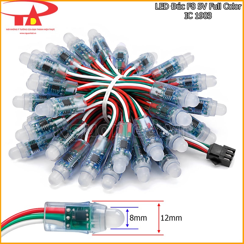 LED đúc F8 IC 1903 đầu 8mm, đế 12mm với thân bóng trong và dây 3 màu