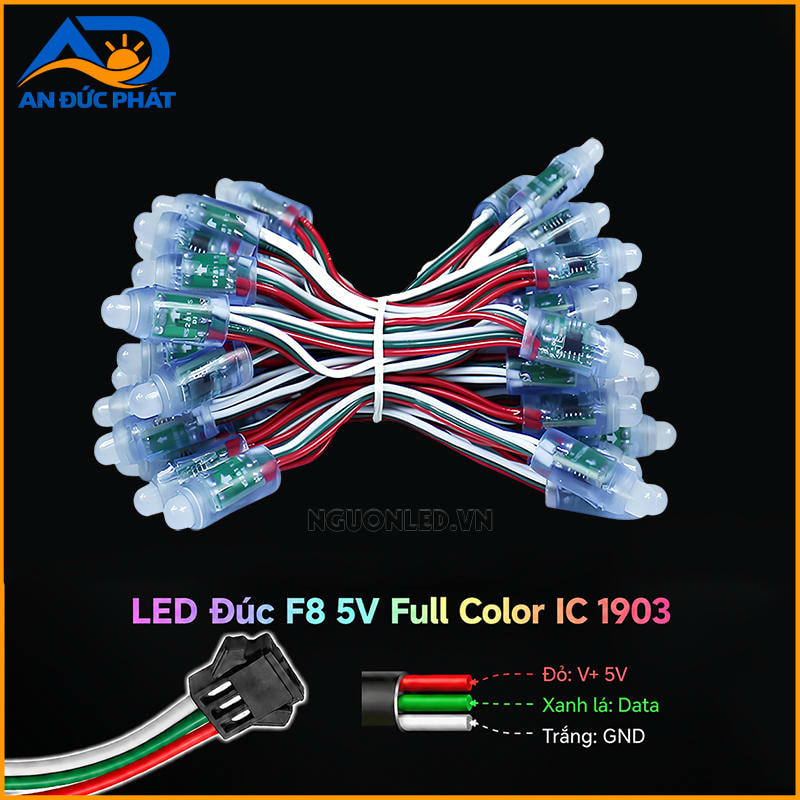 LED đúc F8 Full Color 1903 với dây đỏ +5V, trắng GND và xanh lá DATA