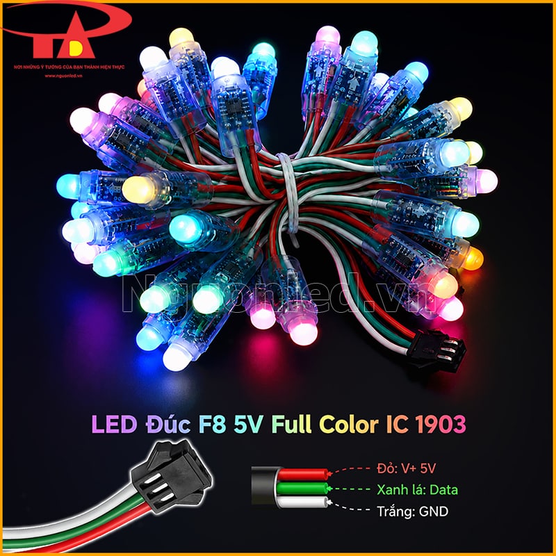 LED F8 Full màu IC 1903 với dây đỏ 5V, xanh lá DATA và trắng GND