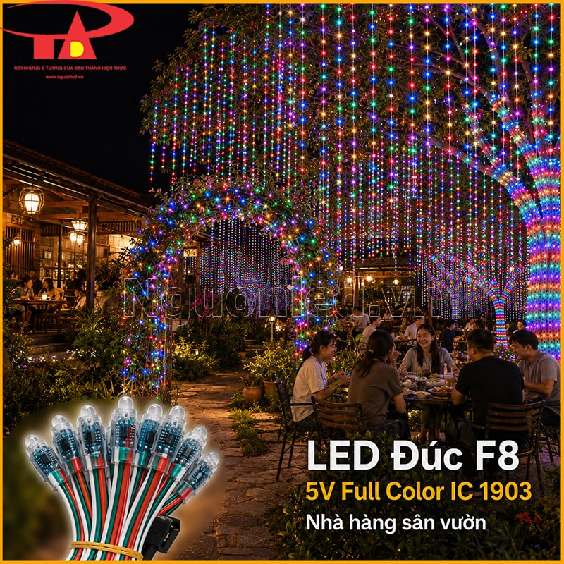 LED F8 Full màu IC 1903 trang trí nhà hàng sân vườn với hàng cây và cổng vòm nhiều màu