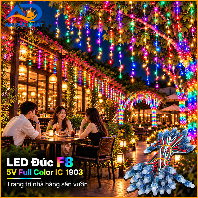 Đèn LED trang trí F8 Full màu IC1903 cho nhà hàng sân vườn và cổng vòm