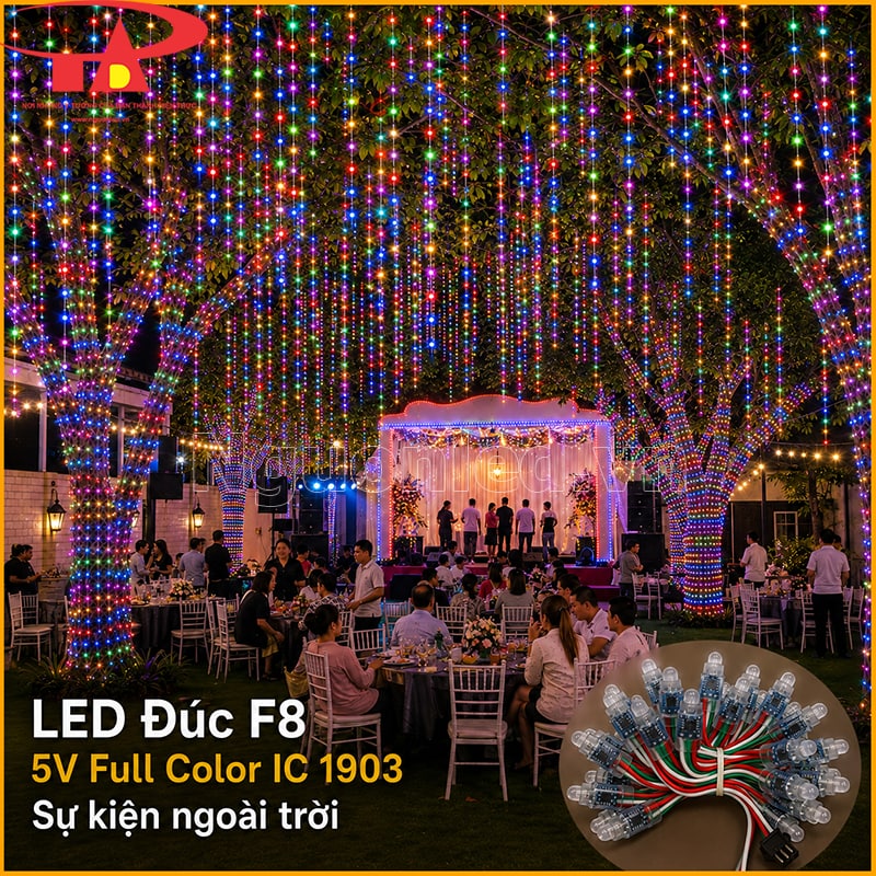 LED đúc F8 IC 1903 quấn cây và thả rủ quanh sân khấu sự kiện ngoài trời 