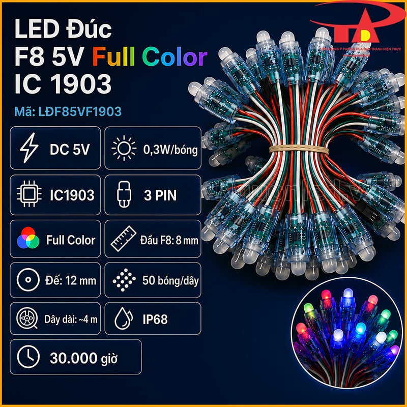 LED đúc F8 IC 1903 với DC 5V, 0,3W/bóng, 3 PIN, đầu 8mm, đế 12mm và IP68