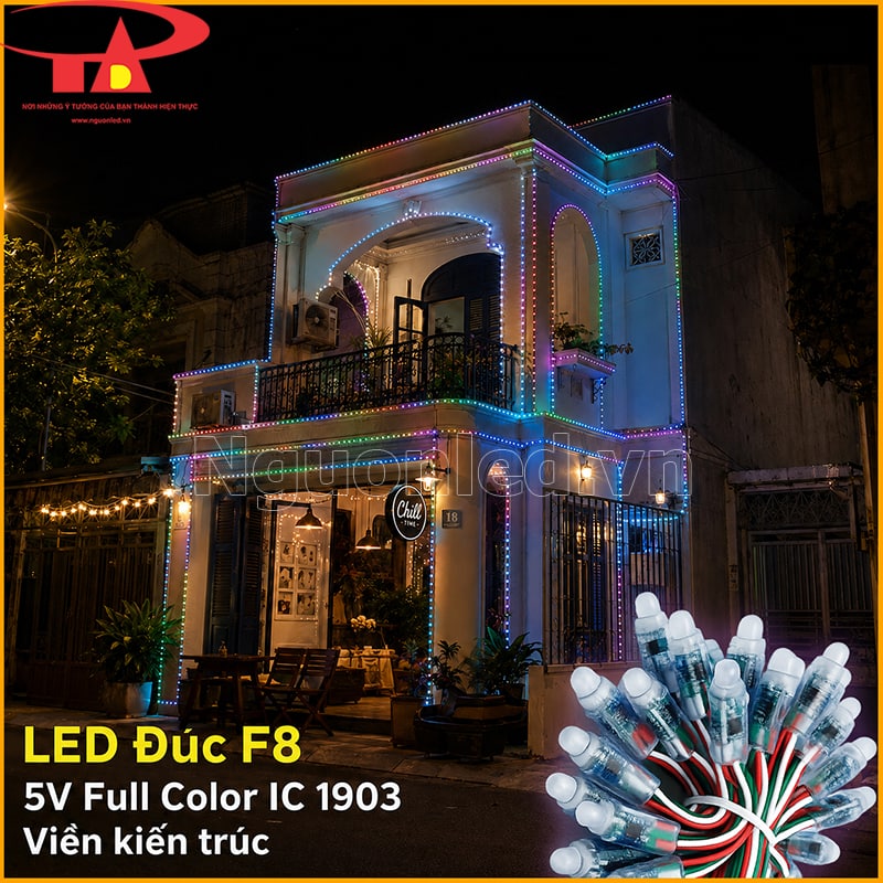 LED đúc F8 5V Full Color IC 1903 đi viền kiến trúc, ban công và mặt tiền nhà phố