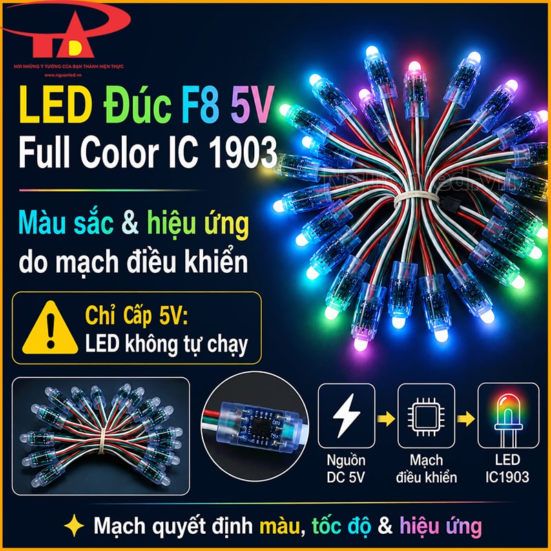 LED F8 5V Full Color 1903 với màu sắc và hiệu ứng do mạch điều khiển quyết định