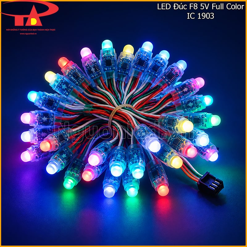 LED đúc F8 5V Full Color IC 1903 đang sáng nhiều màu dạng bó trên nền tối