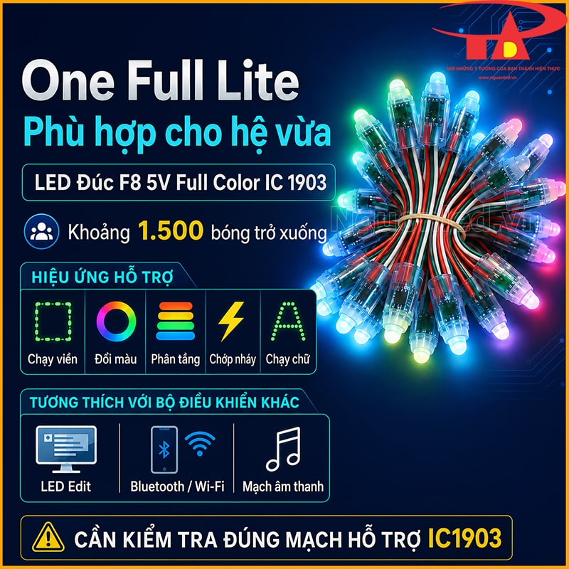 LED đúc F8 5V Full Color IC 1903 dùng mạch One Full Lite cho hệ khoảng 1.500 bóng