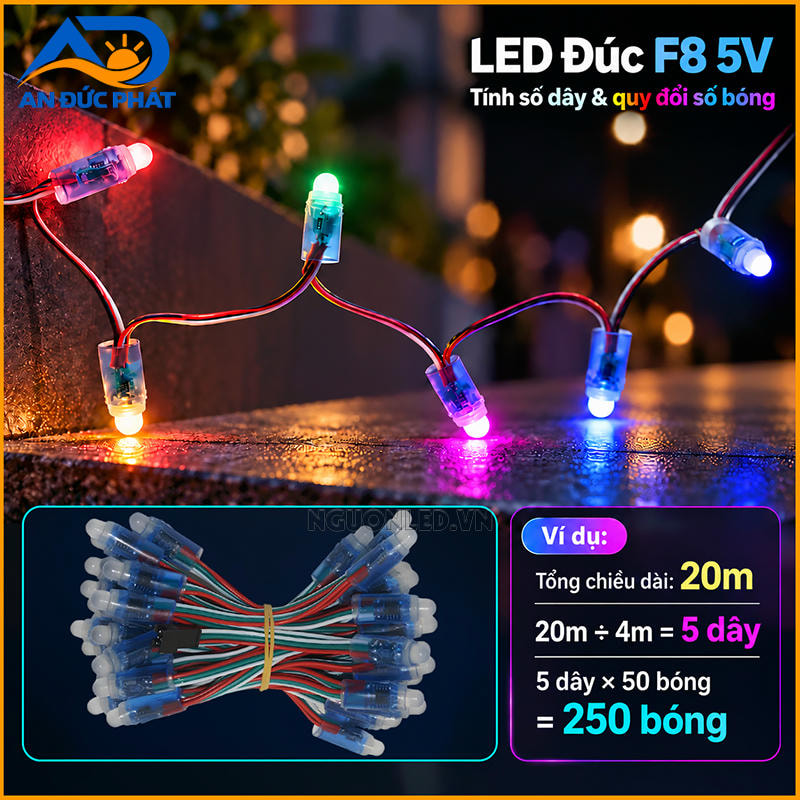 LED dây 1903 quy cách 50 bóng khoảng 4 m dùng để tính số dây theo chiều dài lắp đặt