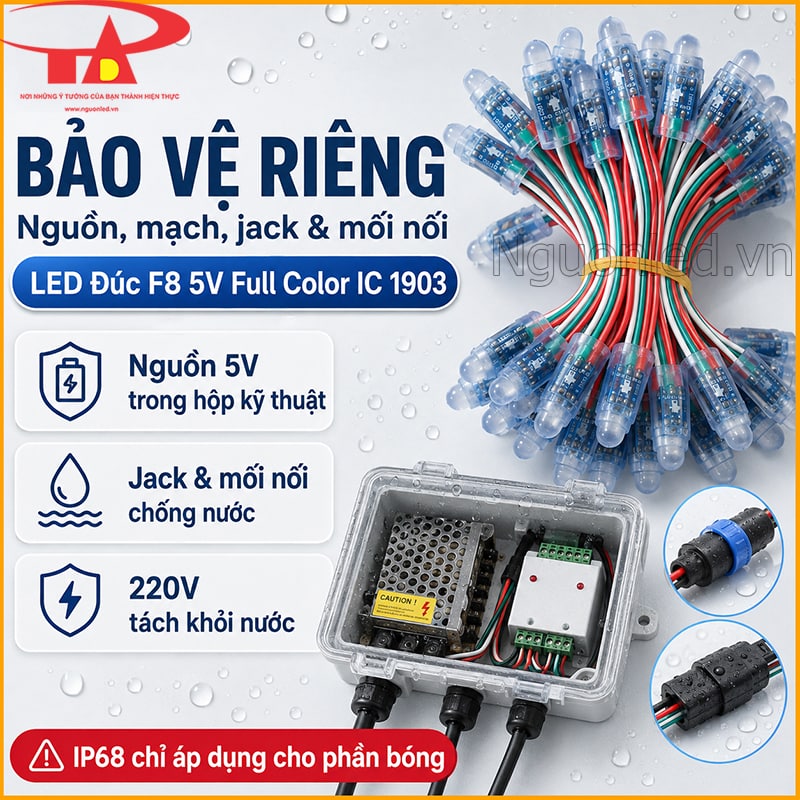 LED F8 Full màu IC 1903 cần bảo vệ riêng nguồn 5V, mạch, jack và mối nối ngoài trời