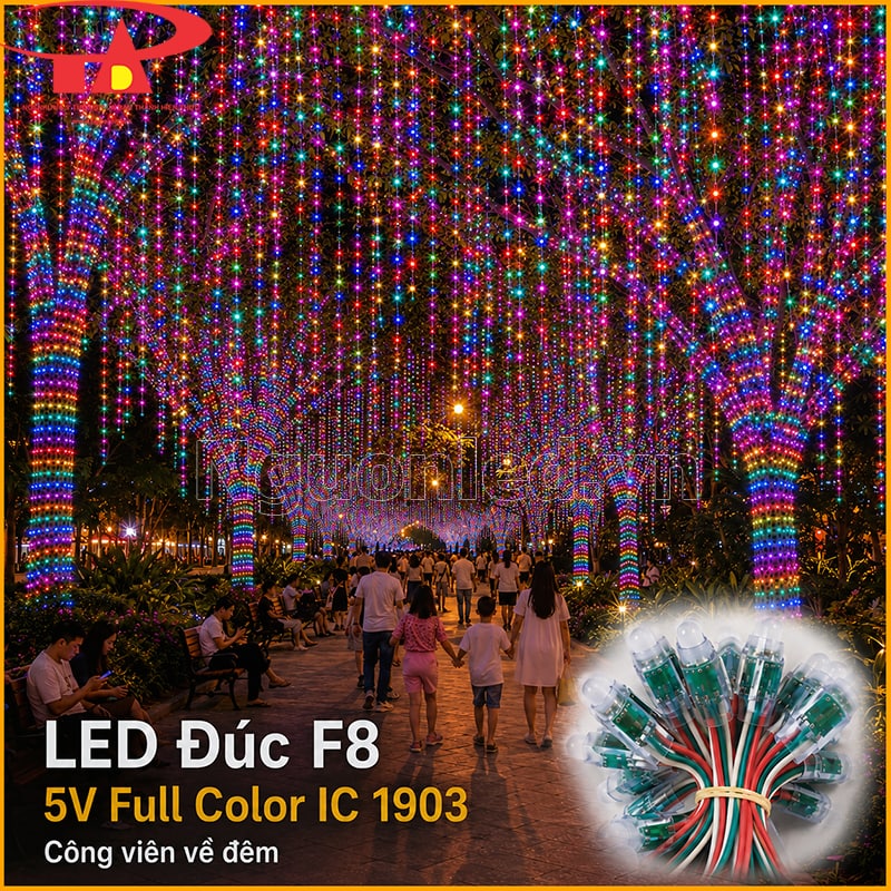 LED đúc F8 IC 1903 trang trí công viên về đêm với hàng cây quấn LED nhiều màu