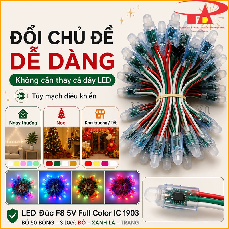 LED đúc F8 IC 1903 đổi chủ đề ánh sáng theo ngày thường, Noel, khai trương và Tết