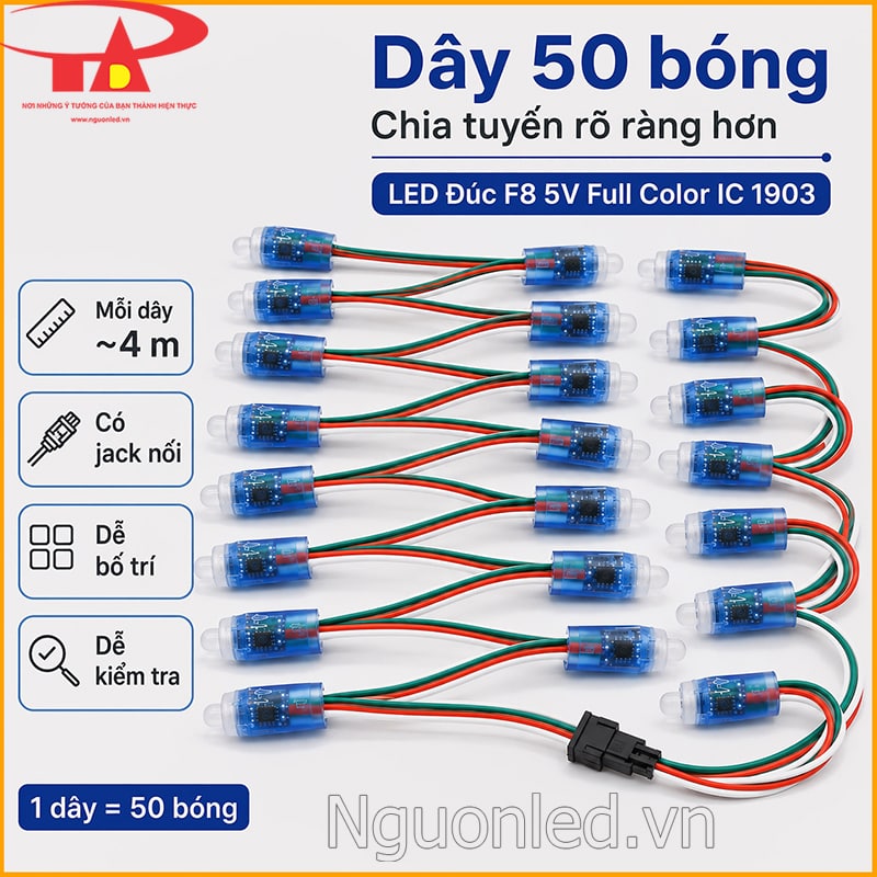 Dây LED đúc F8 IC 1903 dài khoảng 4m gồm 50 bóng, có jack nối và dây 3 PIN