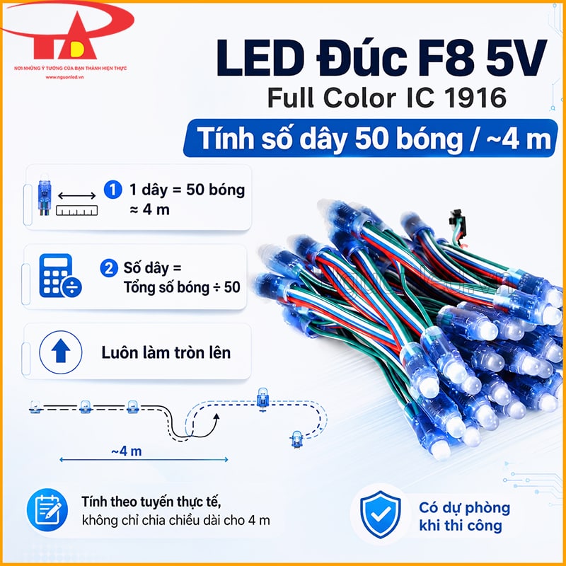 LED đúc F8 5V Full Color IC 1916 minh họa cách tính số dây 50 bóng dài khoảng 4m