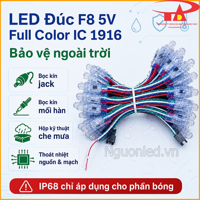 LED đúc F8 5V Full Color IC 1916 với hướng dẫn bọc jack, mối hàn và hộp kỹ thuật ngoài trời