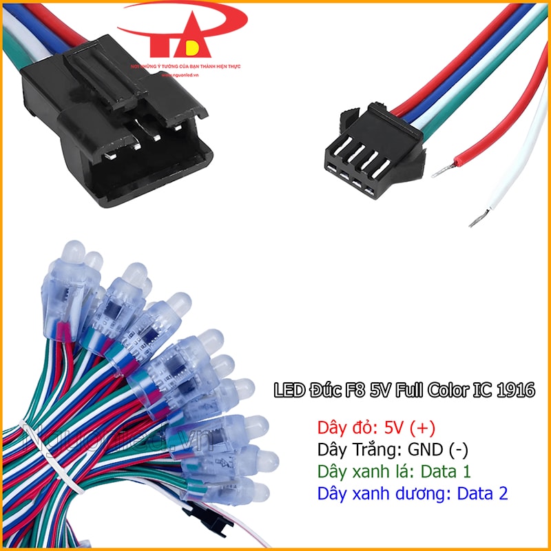  LED đúc F8 5V Full Color IC 1916 với dây đỏ 5V, trắng GND, xanh lá DATA 1 và xanh dương DATA 2